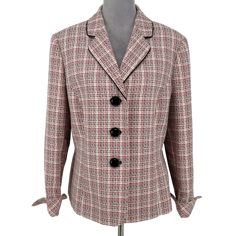 Le Suit Jacket Womens 16 Ivory Black Red Plaid Lined Blazer Cuff Sleeves Preppy